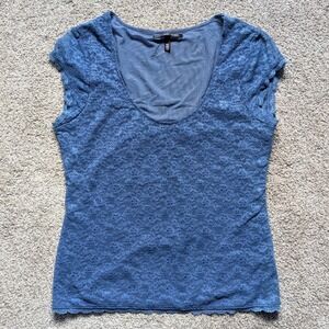 Victoria's Secret VS Size L Lace Scoop Neck Top Cap Sleeve Blue Lingerie